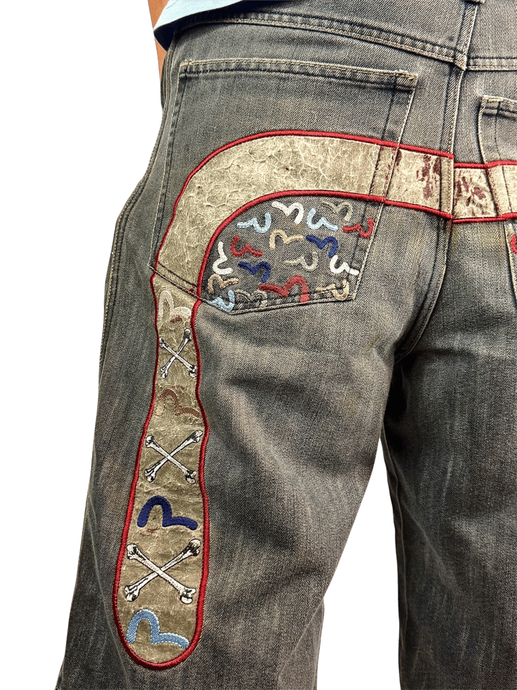 Image of Evisu Gene's Embroidered Bone Pile Jorts