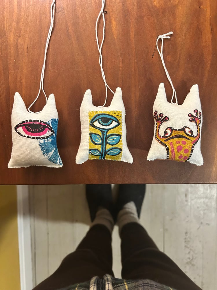 Set of 3 Handprinted/sewn ornaments