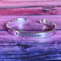 Image 1 of Sterling silver cuff bracelet 'fuck cancer'. Hand stamped silver cuff F*ck cancer 925.