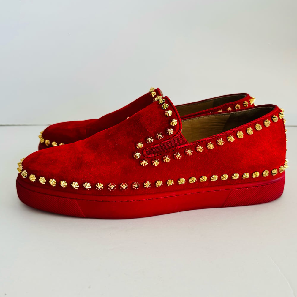 Image of Christian Louboutin RED/GOLD Studded Suede Loafers - 39 OR 8.5 WOMENS