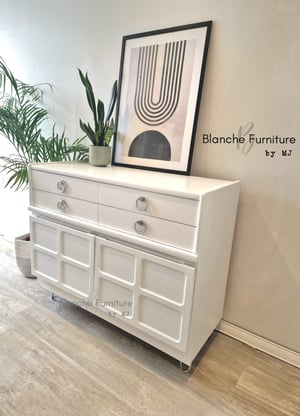 Image of Gorgeous Nathan Sideboard in Brilliant White on Silver Hairpin legs with Matching handles