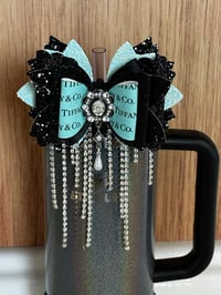 Image 2 of Designer Inspired Teal and Black Tumbler Straw Topper Bow
