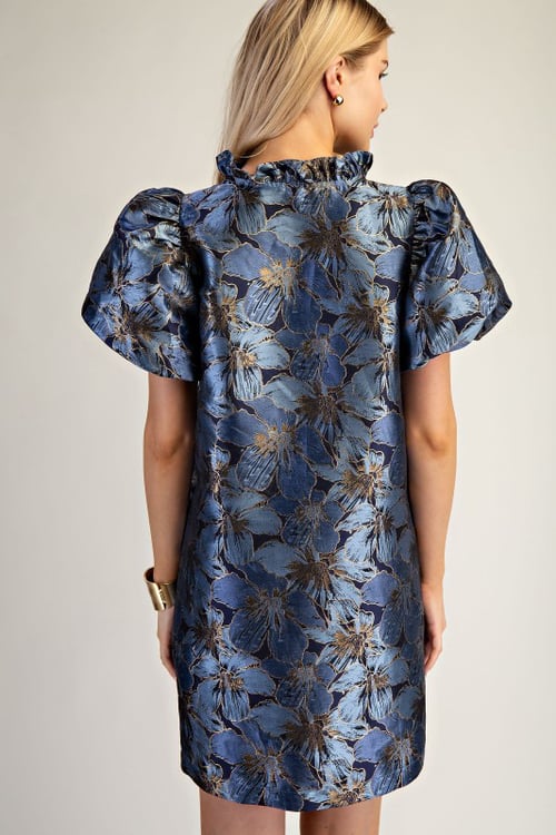 Image of Blue Floral Puff Sleeve Dress 