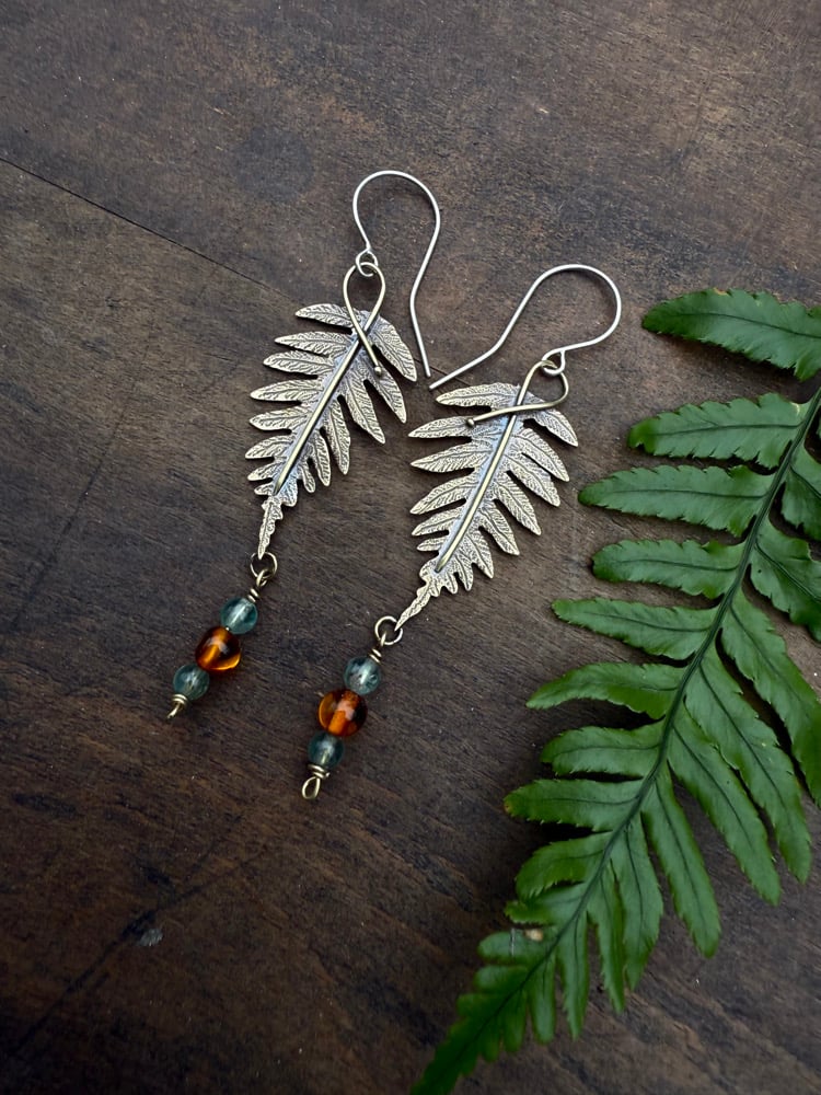 Image of Brass Licorice Ferns Apatite Amber Earrings