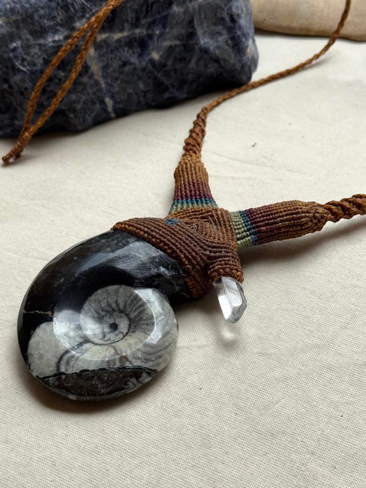 Image of Macrame necklace with goniatite (ammonide) fossil and clear quartz point