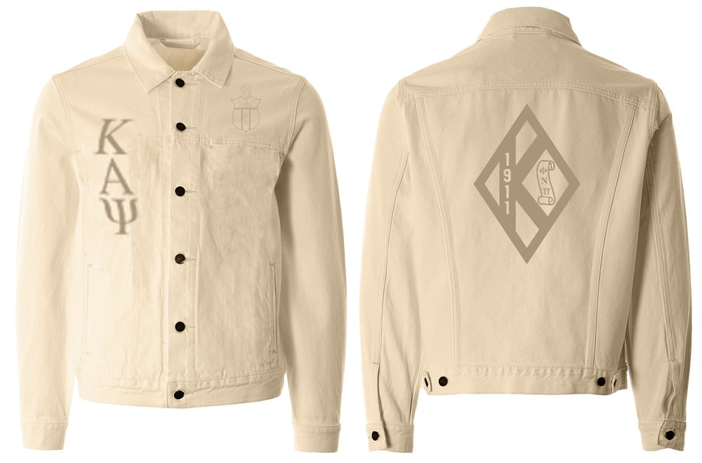 Image of Cream/Cream Jean Jacket KAPSI LETTERS FRONT DIAMOND WITH SCROLL BACK 