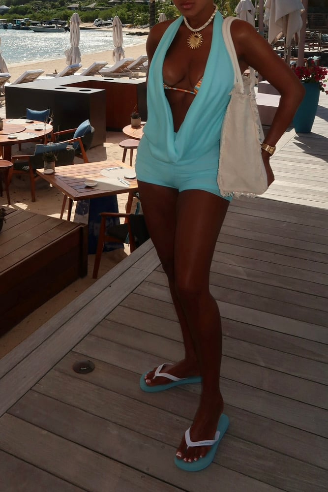 Image of AQUA MESH RUCHED HALTER ROMPER (S)