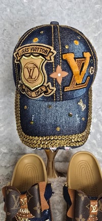 Image 2 of Classic Brown & Dark Denim Crocs w/ Hat