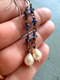 Image 10 of Akoya pearl and kyanite dangle earrings
