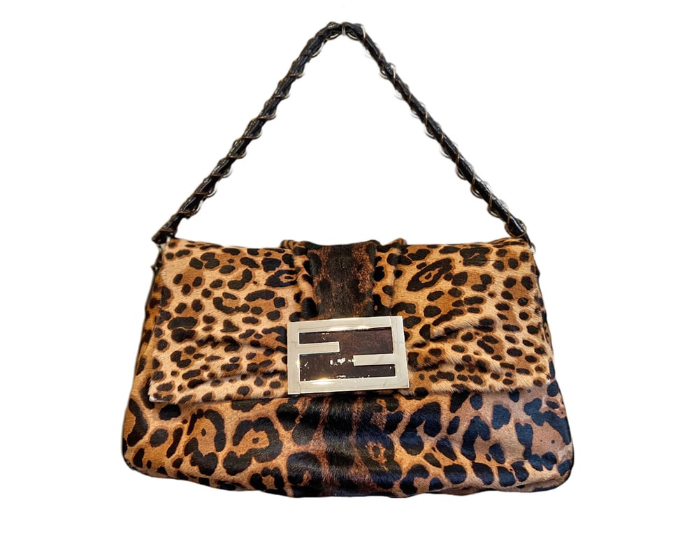 Image of Fendi Leopard Mia Mama Forever Flap Handbag 883-5