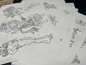 Image of 8”x10” Pin Up Travel Tattoo Flash 01 Std Cardstock 10 Sheet Set w/ Lines