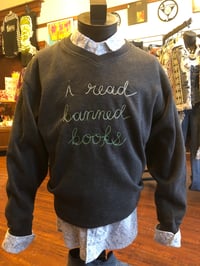 Image 2 of Upcycled “I Read Banned Books” hand-embroidered sweater