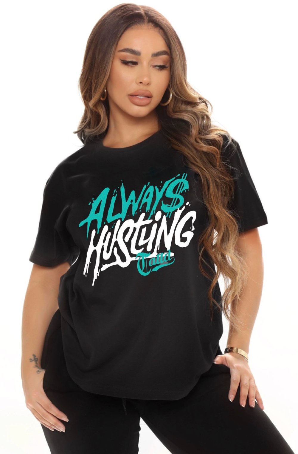 Tattd Tee ALWAYS HUSTLING Black & Teal