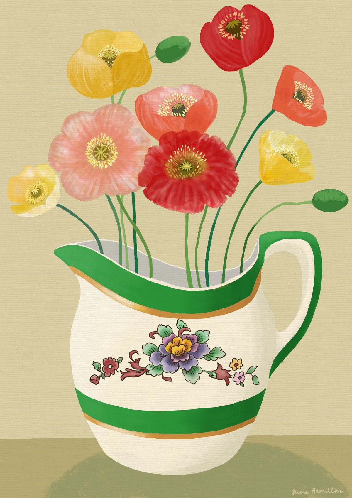 Poppies in Green Jug 