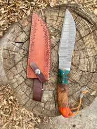 Image 2 of 512 Ladder Damascus knife w/stamped leather sheath