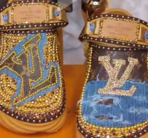 Image of Size 8 Colorful C Crocs with denim