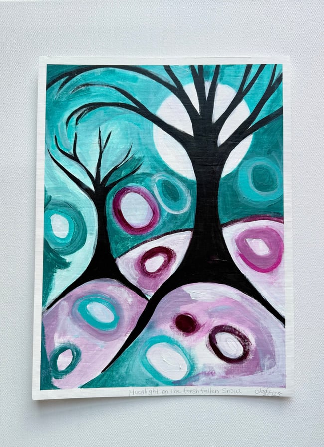 Moonlight on the fresh fallen snow. Original paper painting