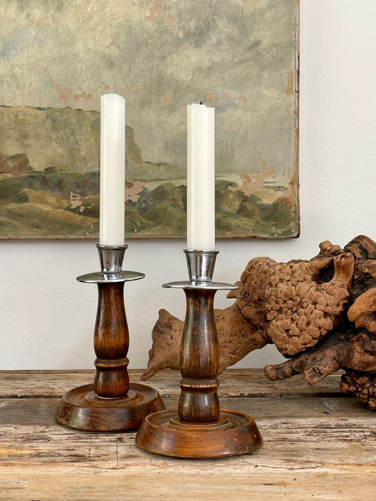 Image of WOODEN ENGLISH CANDLESTICKS / PAIR