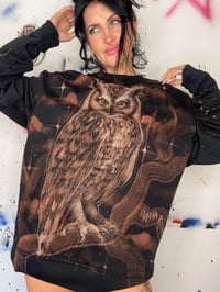 Image 4 of “HOOT” CUSTOM BLEACH PAINTED PULLOVER SWEATER LARGE