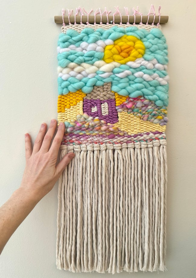 Little purple house & the aqua sky. Woven wall hanging.