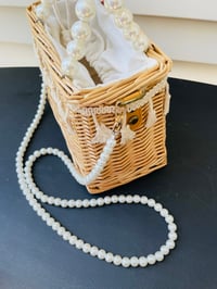 Image 4 of  Woven straw box purse with Pearl handles and fringe trim 