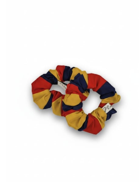 Image of AFL Coloured Scrunchies. Navy Blue, Red & Gold.