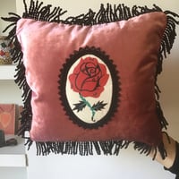 Image 2 of Red Rose Patch Pink Velvet Cushion Cover
