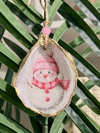 Image 1 of Pink Snowman Mini Oyster Shell Ornament copy