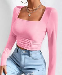 Image 1 of Basic Plain Ruched Square Neck Crop Top 