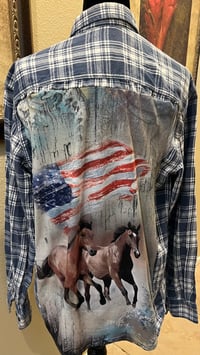 Vintage Blue/White Flannel Shirt Running Horses American Flag