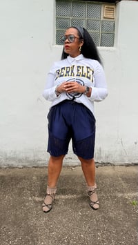 Image 1 of Navy Satin & Lace Culotte Shorts