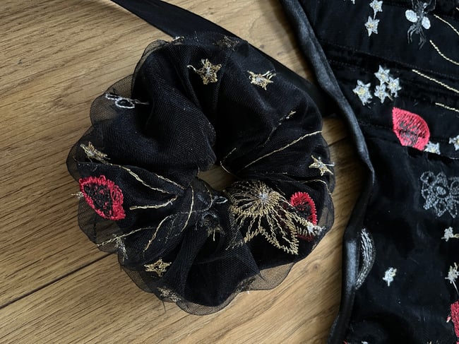 Gold embroidered star and moon scrunchie