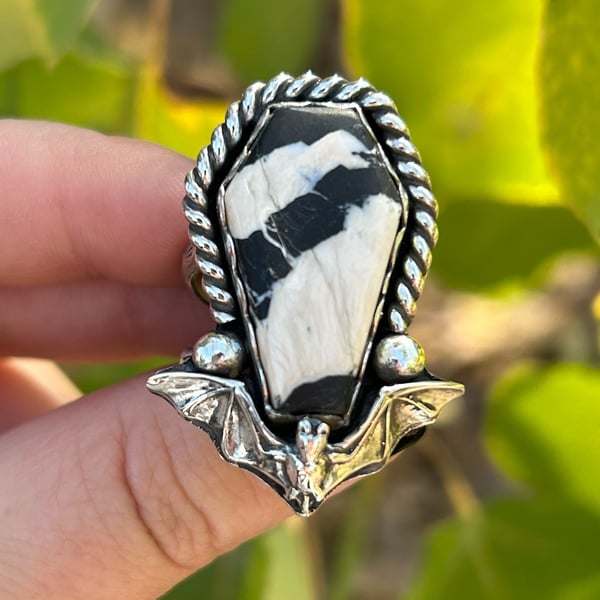 Image of Handmade Sterling Silver White Buffalo Turquoise Coffin Bat Ring