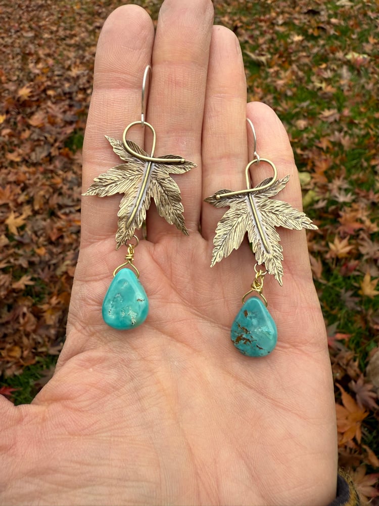 Image of Brass Japanese Maple Leaf Turquoise Earrings