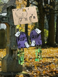 Image 1 of rip tombstone ghost halloween beaded earrings
