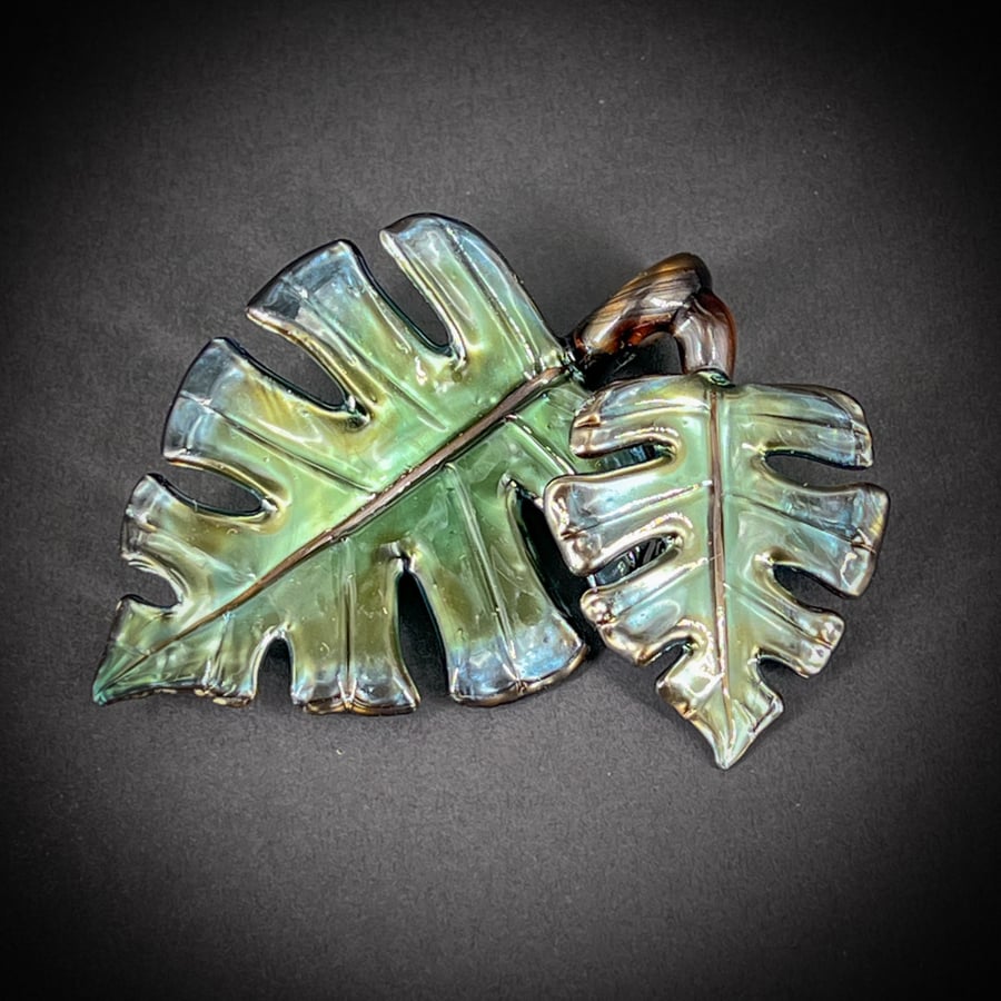 Image of Metallic Green Double Monstera Leaf Pendant