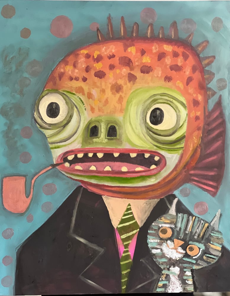 Image of Mr. Fishman and bubbles original oil painting