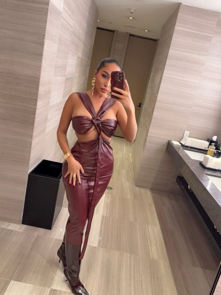 Image of BURGUNDY FAUX LEATHER CUTOUT MIDI DRESS (S/M)