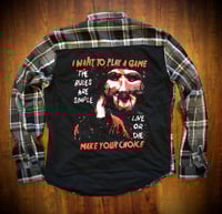 Upcycled “Saw/Want to play a game” t-shirt flannel