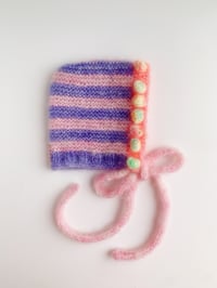 Image 1 of Sofie and Iris Striped Dark Lavender, Pink, Coral and Neon Pastel Mohair Bubble Bonnet