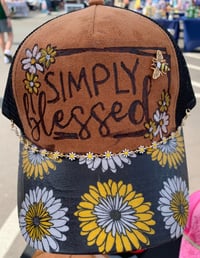 Simply blessed with Flowers Hand-Burned and Fabric Trucker Hat