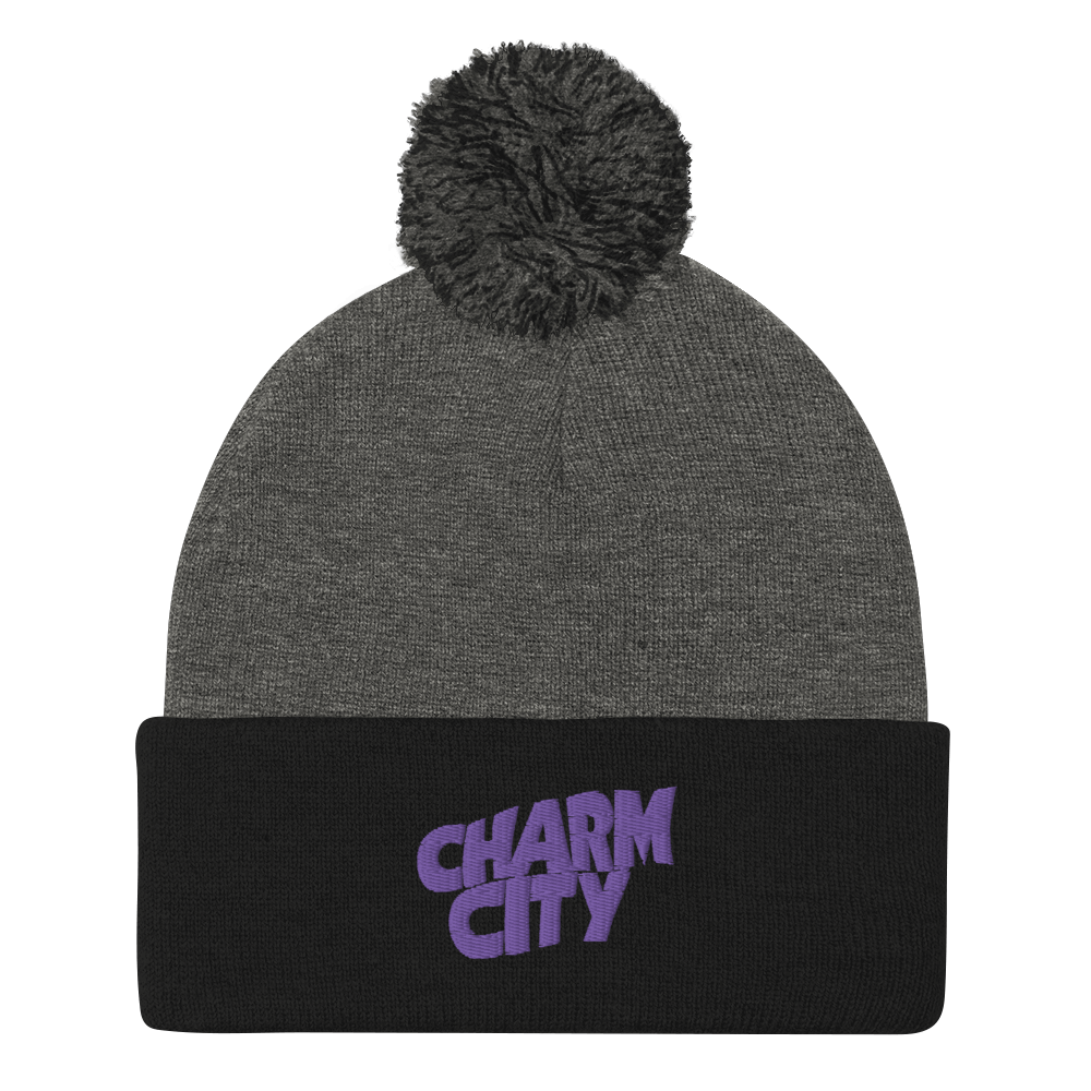 Image of Charm City Baltimore Purple Sabbath Raven Pom-Pom Beanie (Gray)