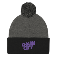 Embroidered Charm City Purple Pom-Pom Beanie