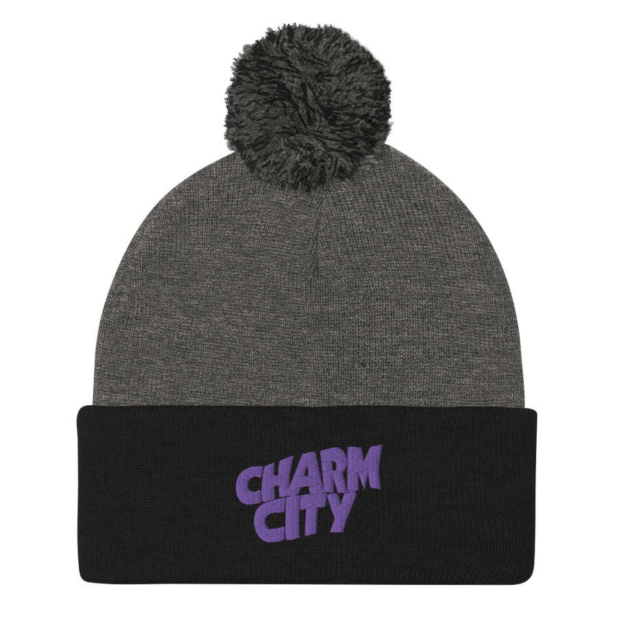 Image of Charm City Baltimore Purple Sabbath Raven Pom-Pom Beanie (Gray)