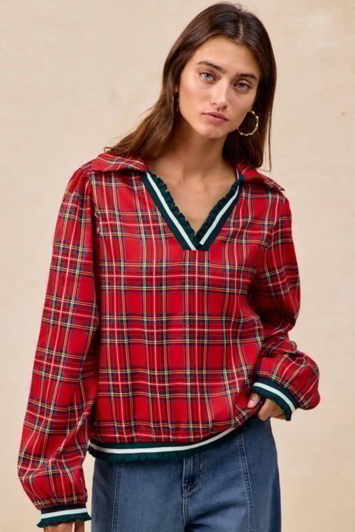 Image of Festive Red Plaid V-Neck Top