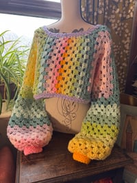 Image 1 of BUBBLE POP - crochet pastel rainbow cropped off shoulder jumper/sweater flared bell sleeve