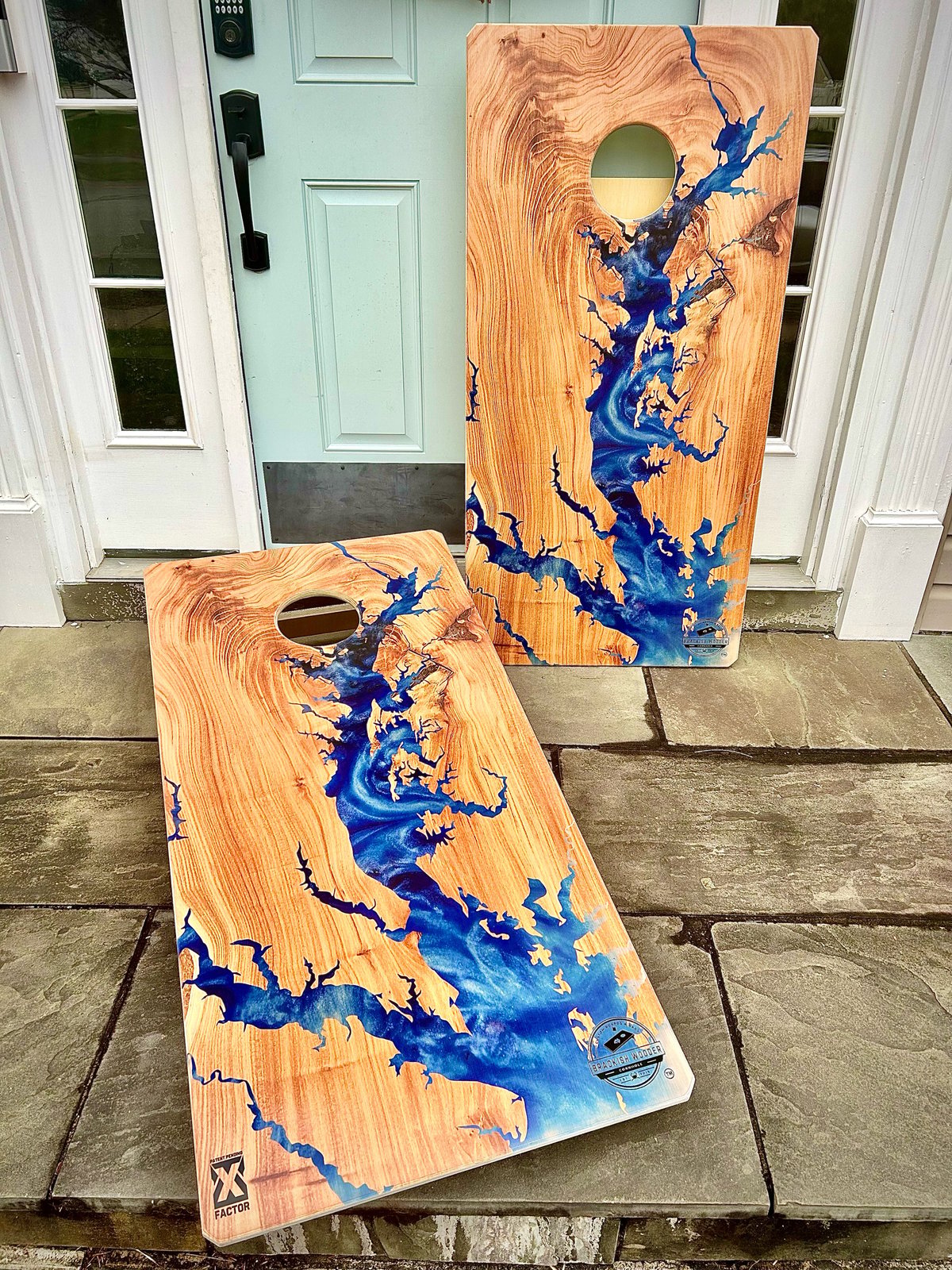Brackish Wooder Cornhole Boards - Chesapeake Bay Epoxy on Olive