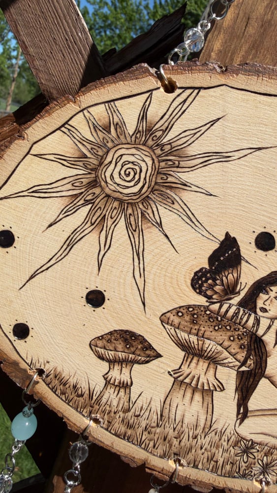 Image of sun fairy hanging beaded wood art 