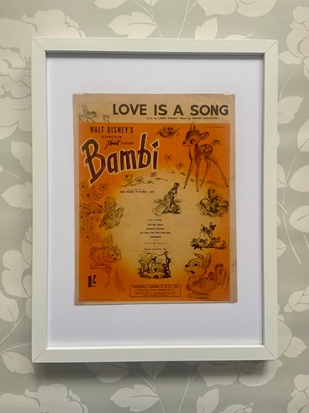 Image of Bambi c1942, framed vintage sheet music of 'Love Is A Song'