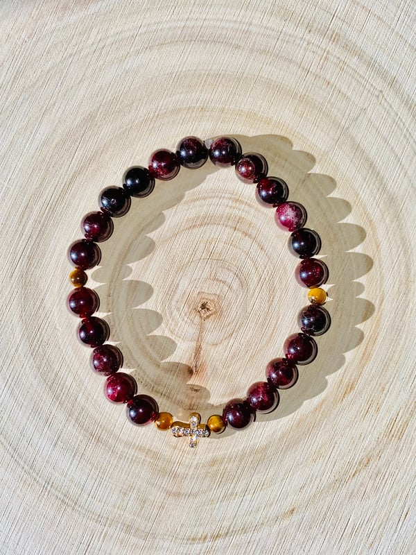 Image of Garnet 8mm Bead & Tigers Eye 4mm Bead Bracelet with Cross Men’s FABIANNI 